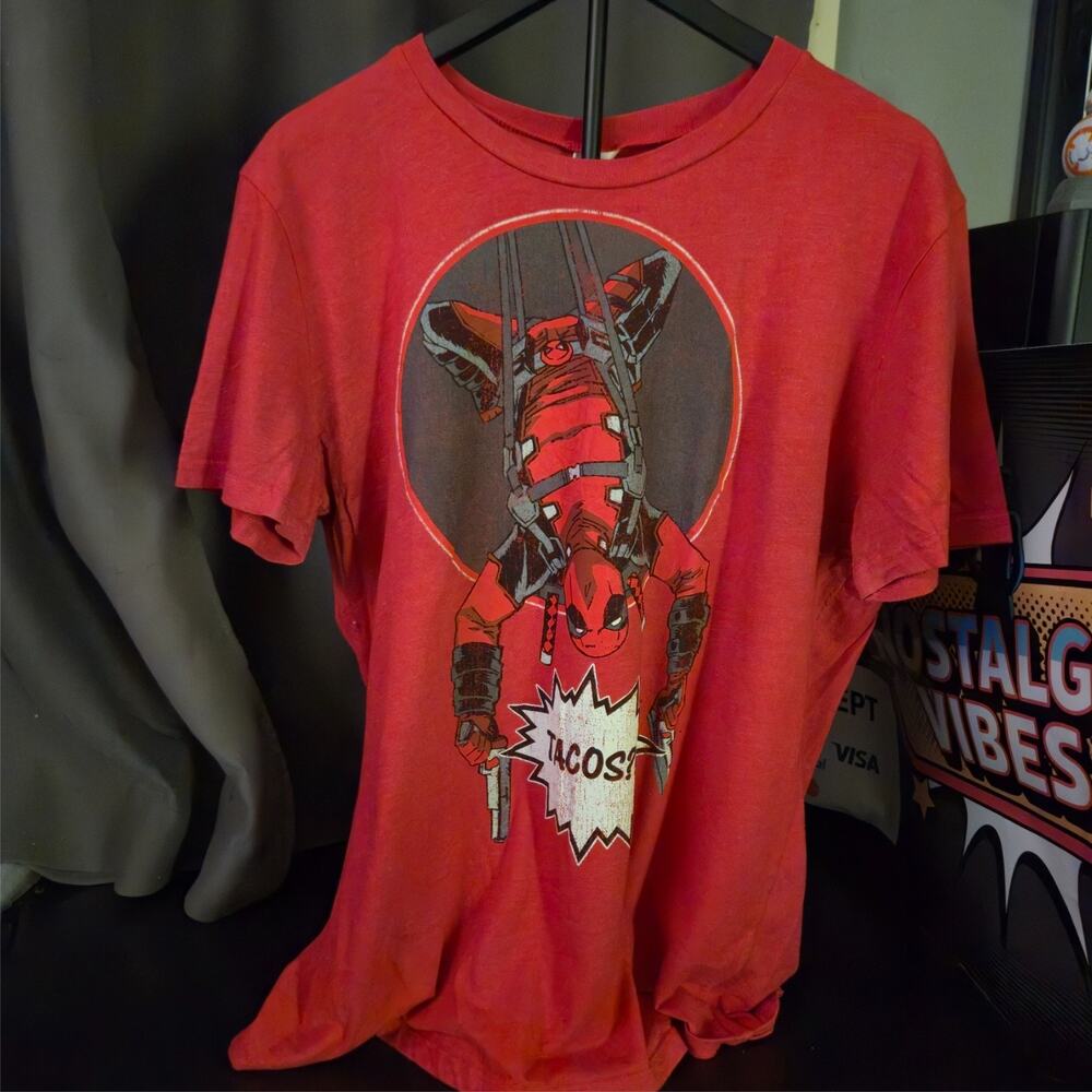 Marvel Deadpool Tacos?! T-Shirt Size Large Red Graphic Tee Comic Antihero Size L